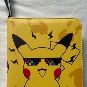 Yellow Pikachu Binder with Sunglasses and card sleeves